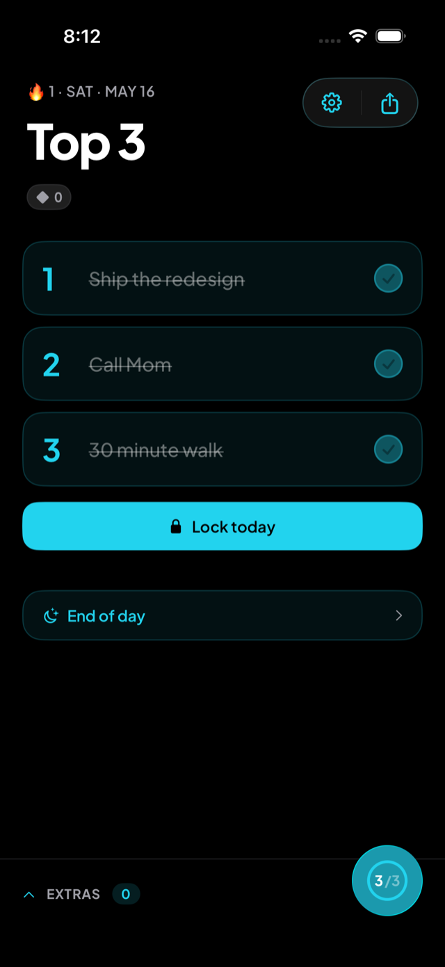 Top 3 today view with three completed priorities
